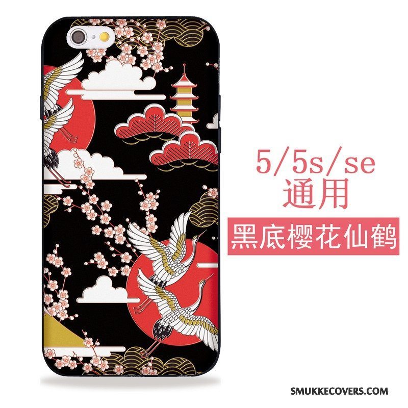 Etui iPhone 5/5s Blød Sort Japansk, Cover iPhone 5/5s Silikone Kat Kran