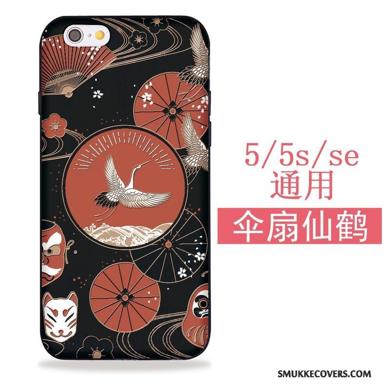 Etui iPhone 5/5s Blød Sort Japansk, Cover iPhone 5/5s Silikone Kat Kran