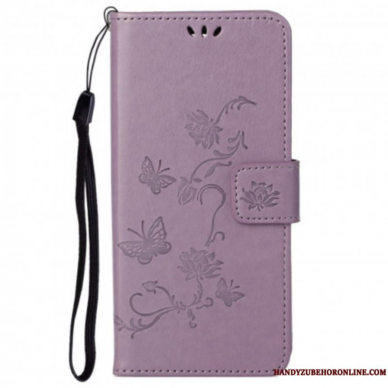 Flip Cover Motorola Edge 20 Pro Med Snor Sommerfugle Og Blomsterrem