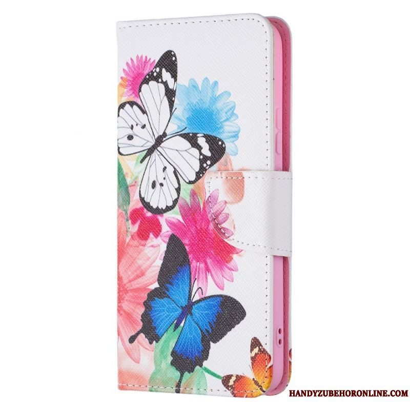 Flip Cover Samsung Galaxy S22 Plus 5G Malede Sommerfugle Og Blomster