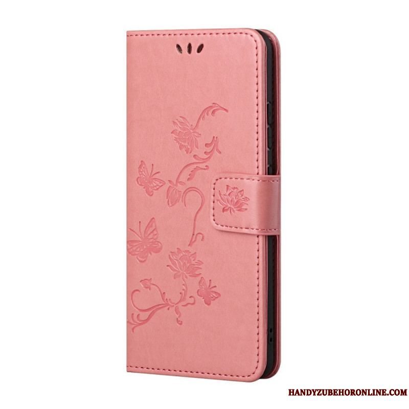 Flip Cover Samsung Galaxy S22 Plus 5G Med Snor Thong Sommerfugle Og Blomster