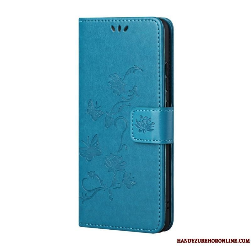 Flip Cover Samsung Galaxy S22 Plus 5G Med Snor Thong Sommerfugle Og Blomster