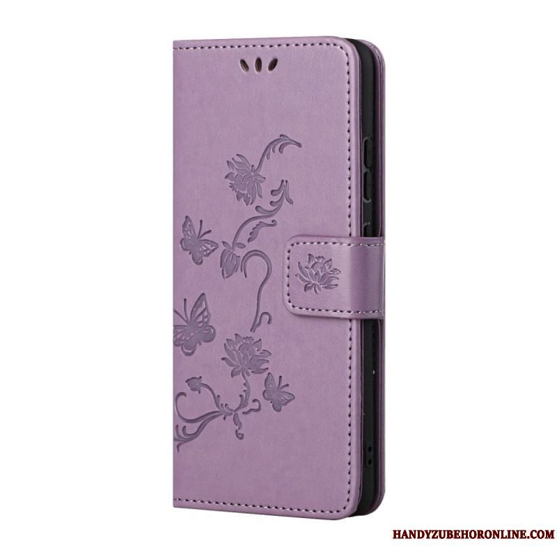 Flip Cover Samsung Galaxy S22 Plus 5G Med Snor Thong Sommerfugle Og Blomster