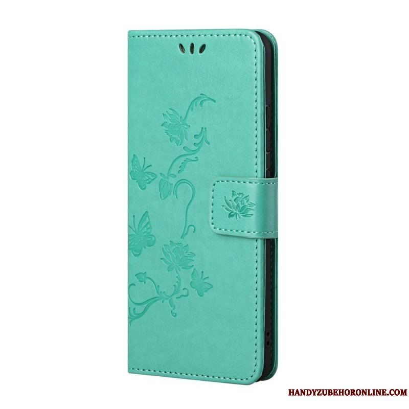 Flip Cover Samsung Galaxy S22 Plus 5G Med Snor Thong Sommerfugle Og Blomster