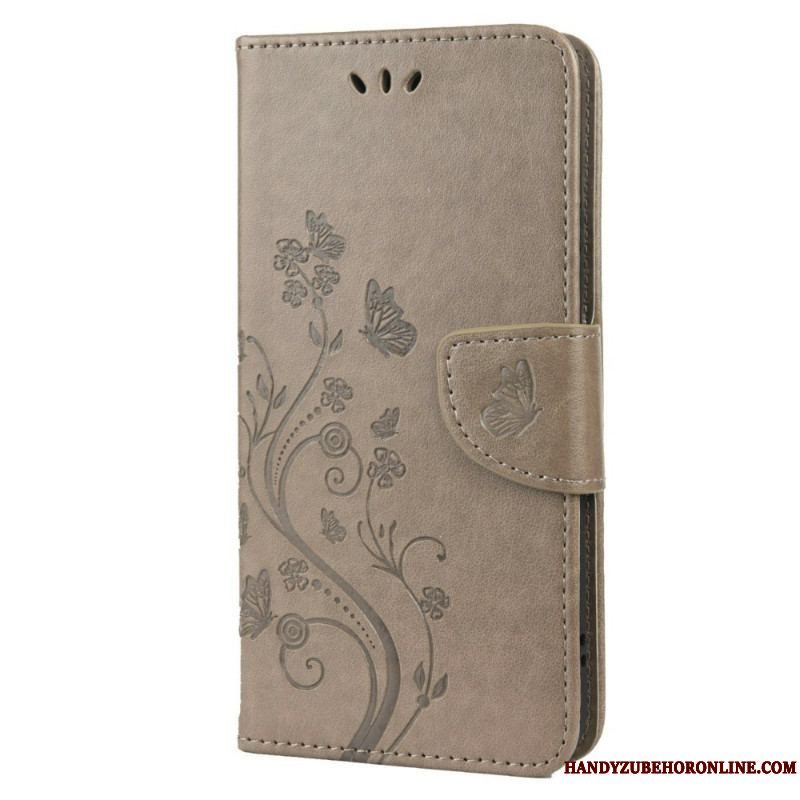 Flip Cover Samsung Galaxy S22 Plus 5G Sommerfugle Og Blomster Med Snor