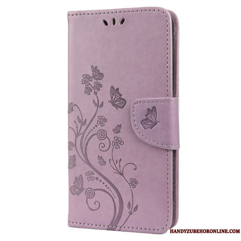 Flip Cover Samsung Galaxy S22 Plus 5G Sommerfugle Og Blomster Med Snor