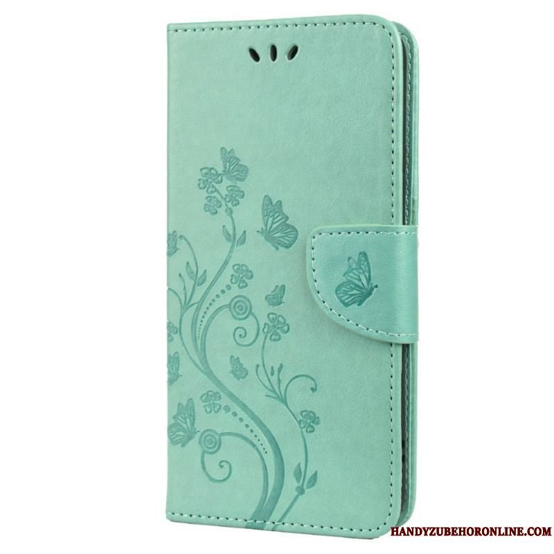 Flip Cover Samsung Galaxy S22 Plus 5G Sommerfugle Og Blomster Med Snor