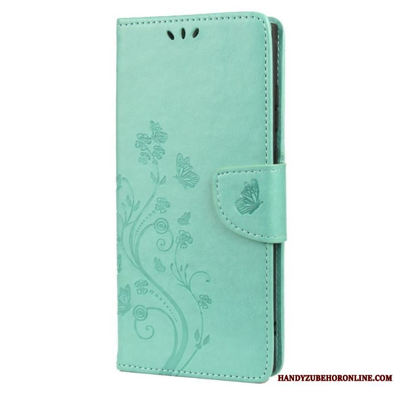 Flip Cover Samsung Galaxy S22 Ultra 5G Sommerfugle Og Blomster Med Snor