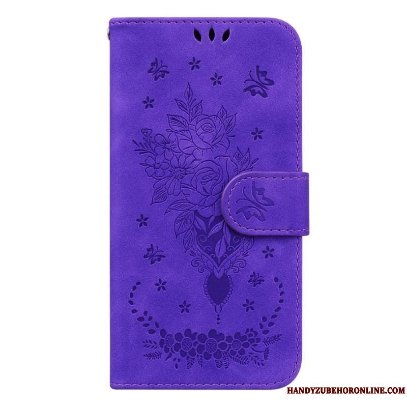 Flip Cover Samsung Galaxy S23 5G Med Snor Strappy Roser Og Sommerfugle