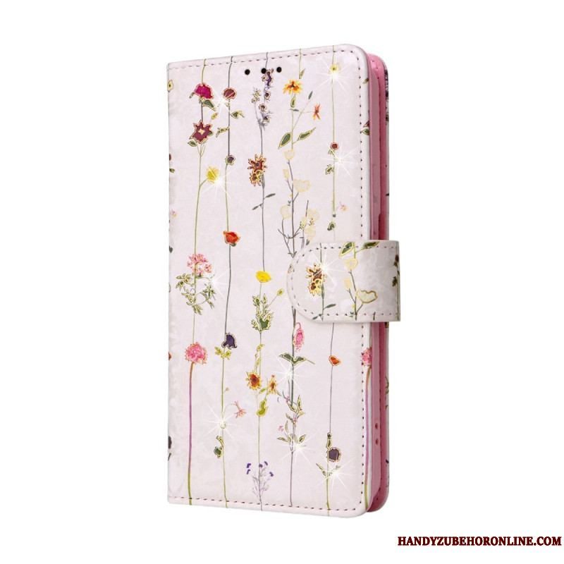 Flip Cover Samsung Galaxy S23 5G Rfid-blomster Med Snor