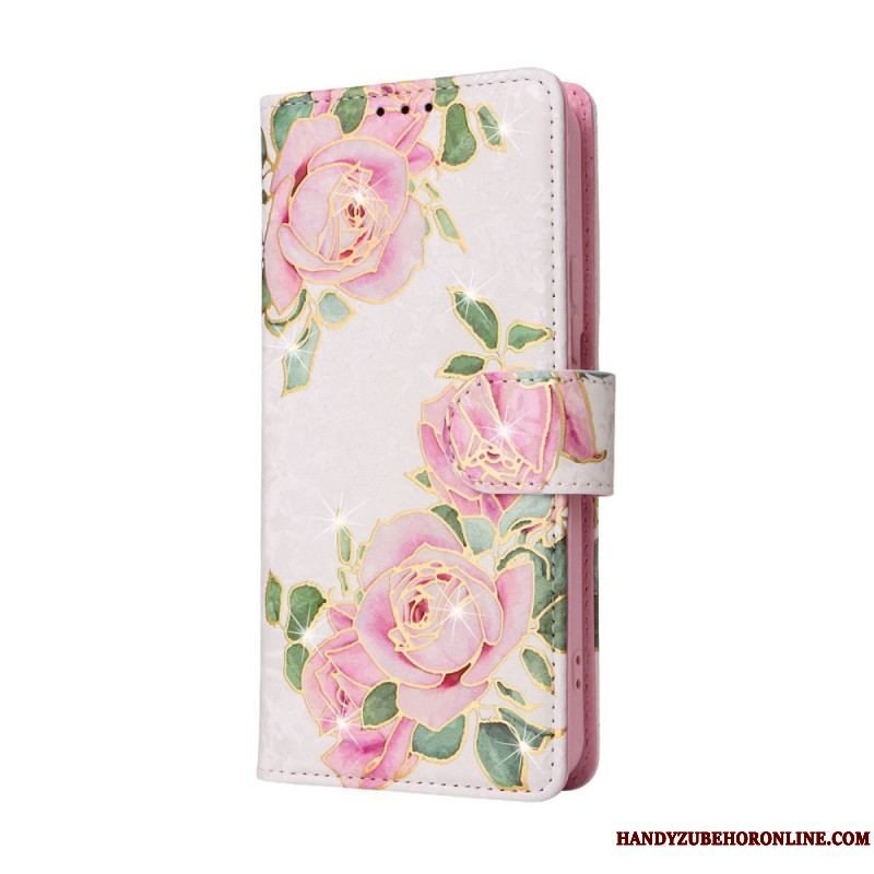 Flip Cover Samsung Galaxy S23 5G Rfid-blomster Med Snor