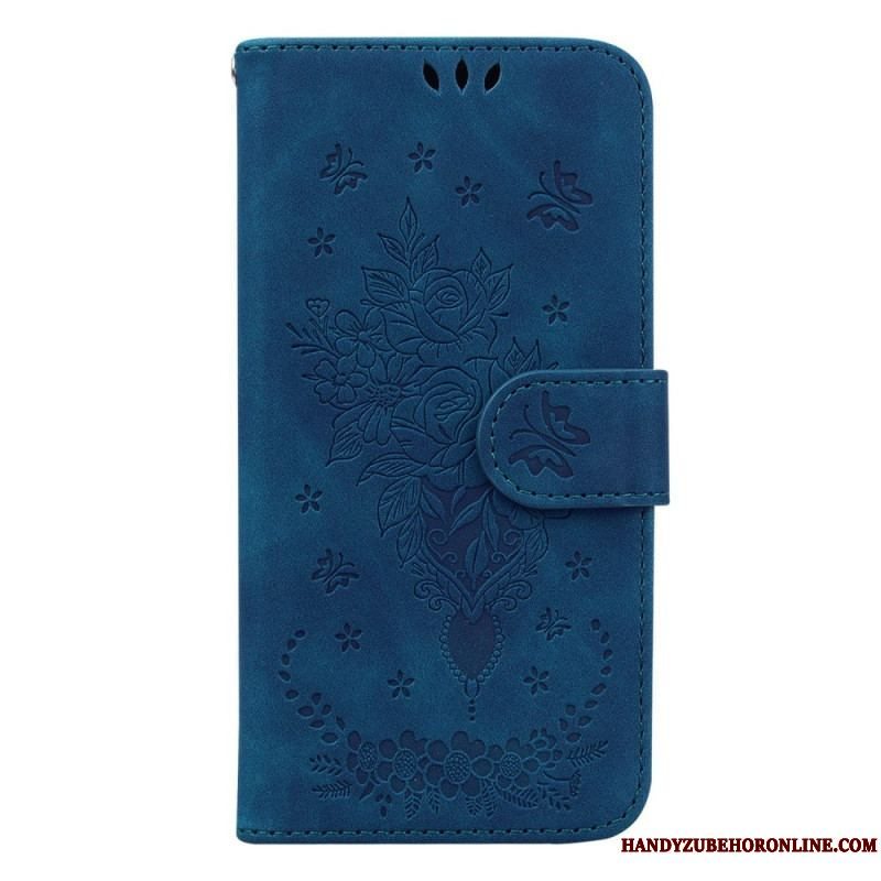 Flip Cover Samsung Galaxy S23 Ultra 5G Med Snor Strappy Roser Og Sommerfugle