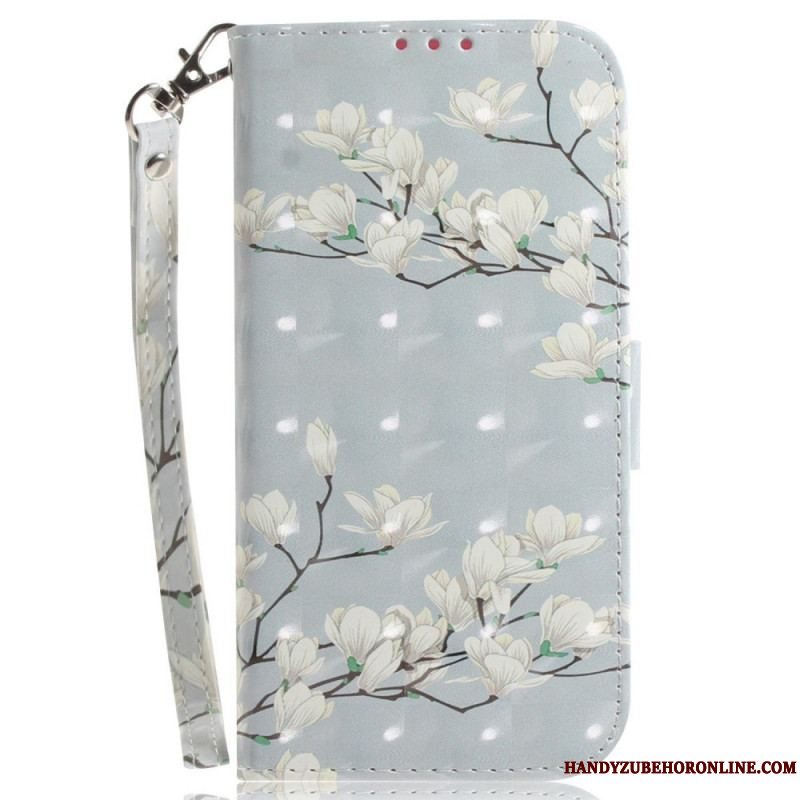 Flip Cover Sony Xperia 1 IV Med Snor Strappy Hvide Blomster