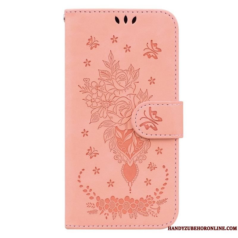 Flip Cover Xiaomi Redmi Note 12 5G Med Snor Strappy Roser Og Sommerfugle