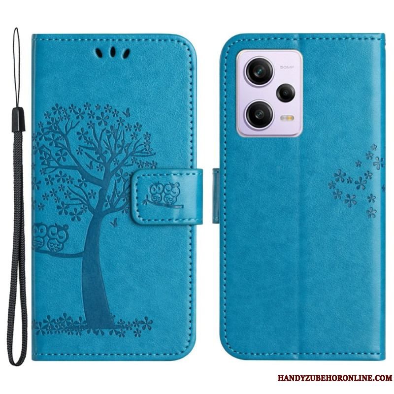 Flip Cover Xiaomi Redmi Note 12 5G Med Snor Thong Træ Og Ugler