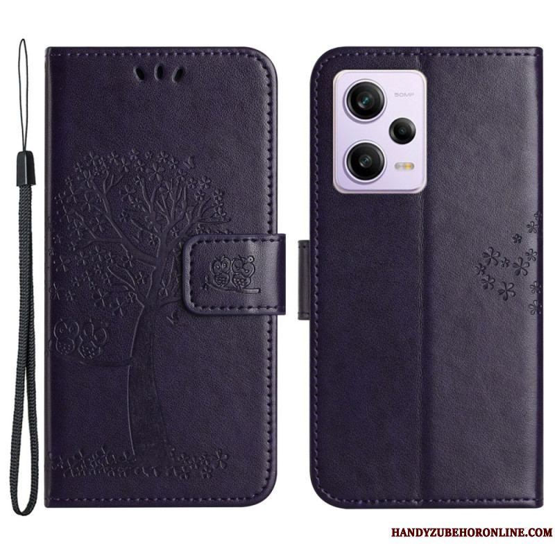 Flip Cover Xiaomi Redmi Note 12 5G Med Snor Thong Træ Og Ugler