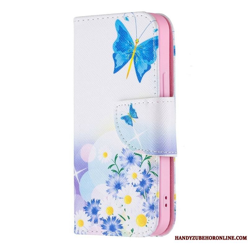 Flip Cover iPhone 13 Mini Malede Sommerfugle Og Blomster