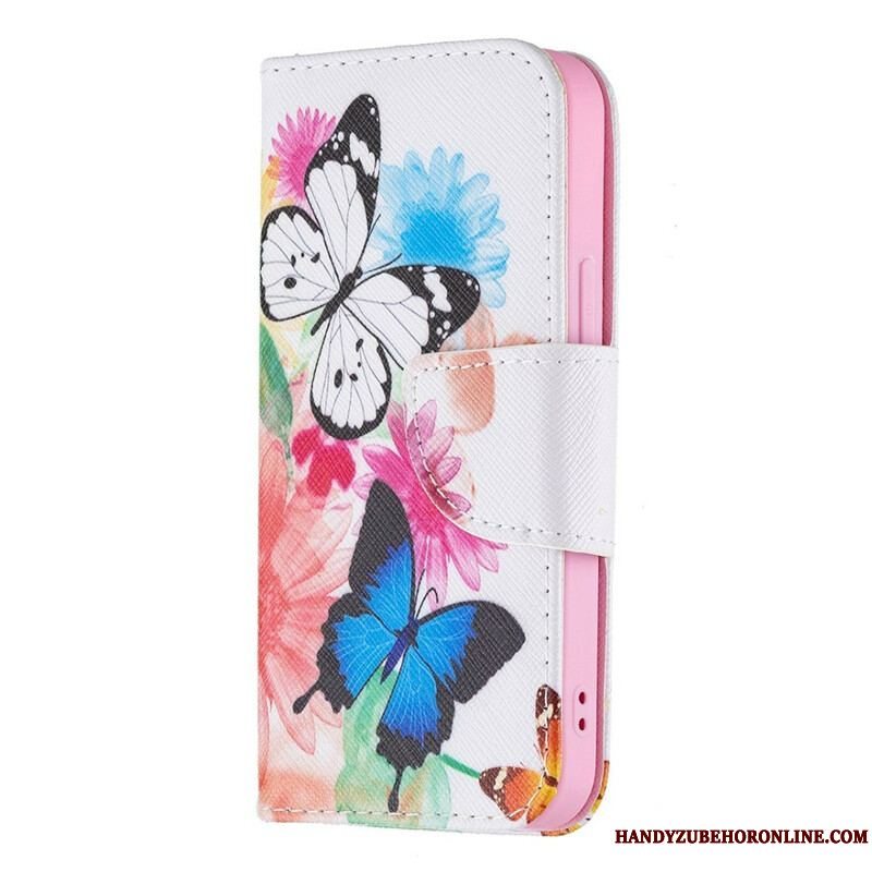 Flip Cover iPhone 13 Mini Malede Sommerfugle Og Blomster