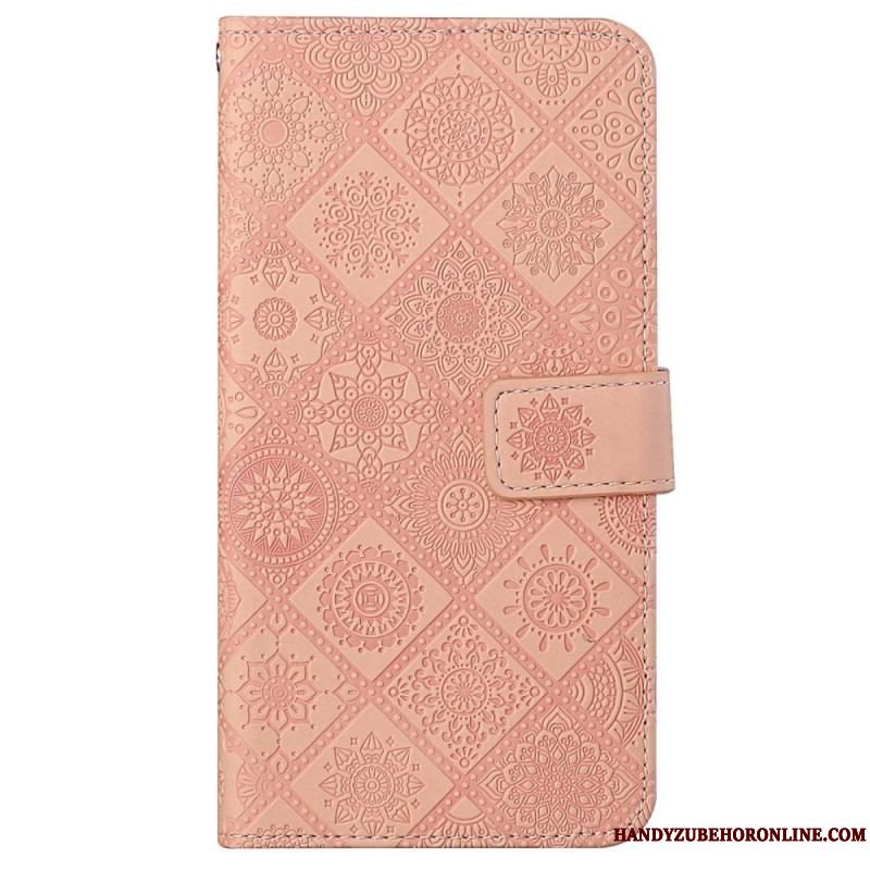 Flip Cover iPhone 14 Med Snor Rem Tapestry Mønster