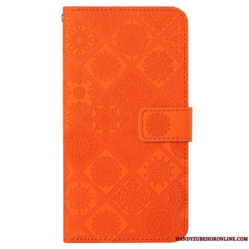 Flip Cover iPhone 14 Med Snor Rem Tapestry Mønster