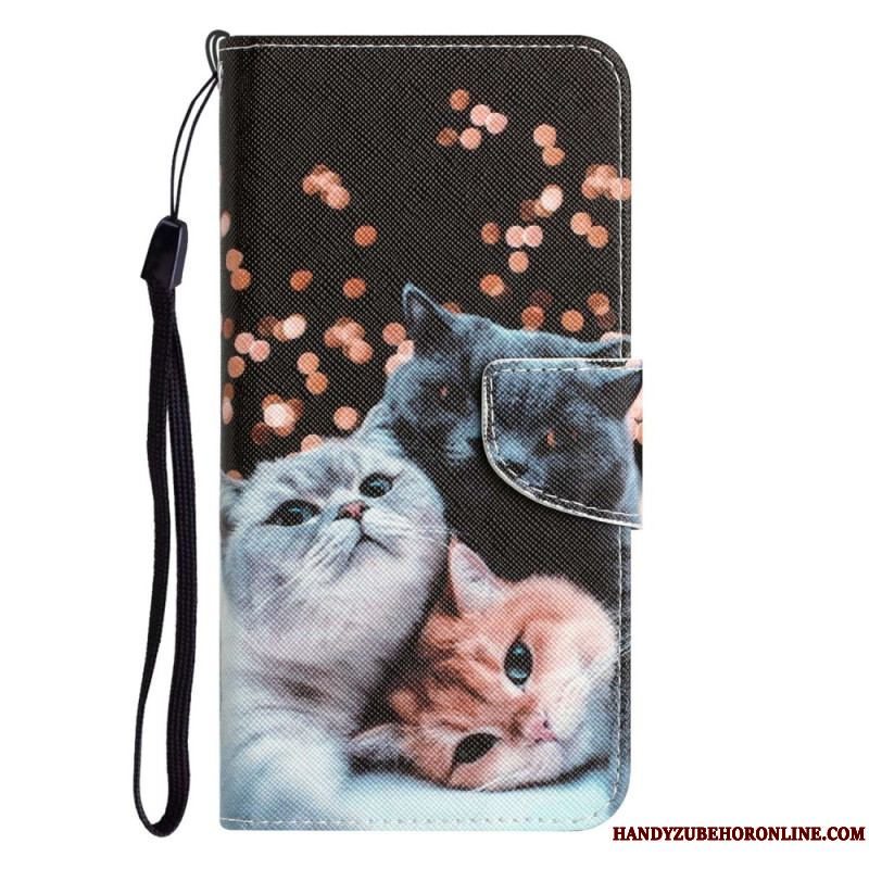 Læder Cover Samsung Galaxy A14 / A14 5G Med Snor Kun Thong Cats