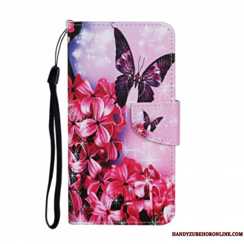 Læder Cover Samsung Galaxy A52 4G / A52 5G / A52s 5G Butterflies Floral Lanyard