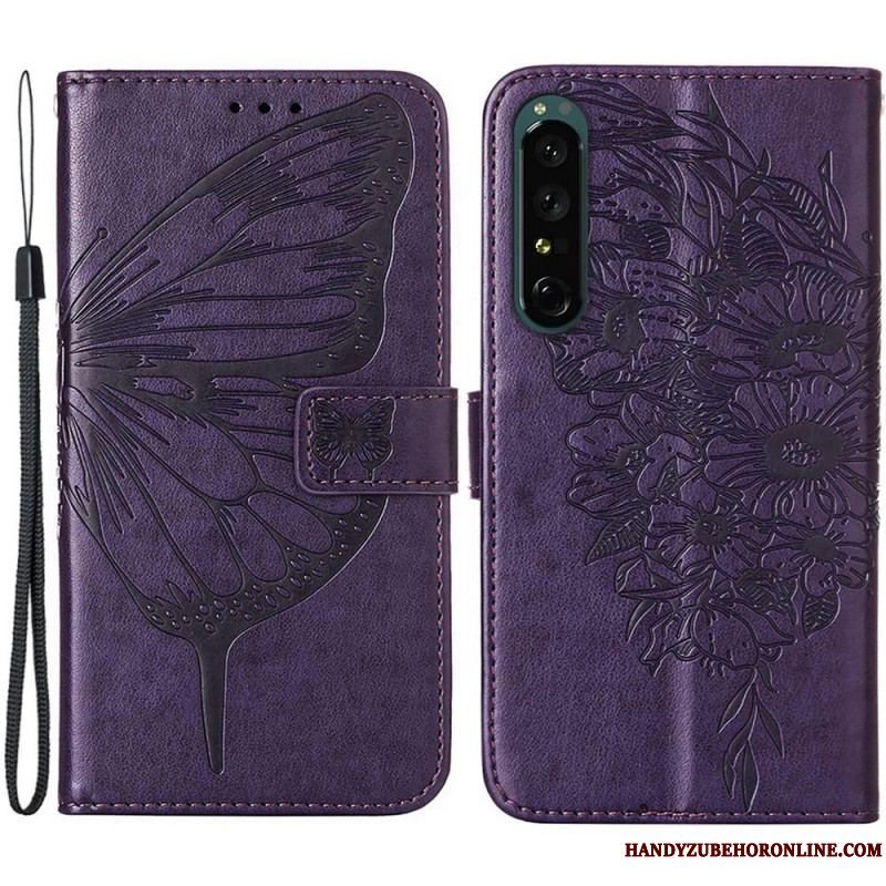 Læder Cover Sony Xperia 1 IV Sommerfugl Med Snor