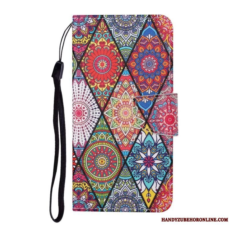 Læder Cover Samsung Galaxy S22 Plus 5G Patchwork Med Lanyard